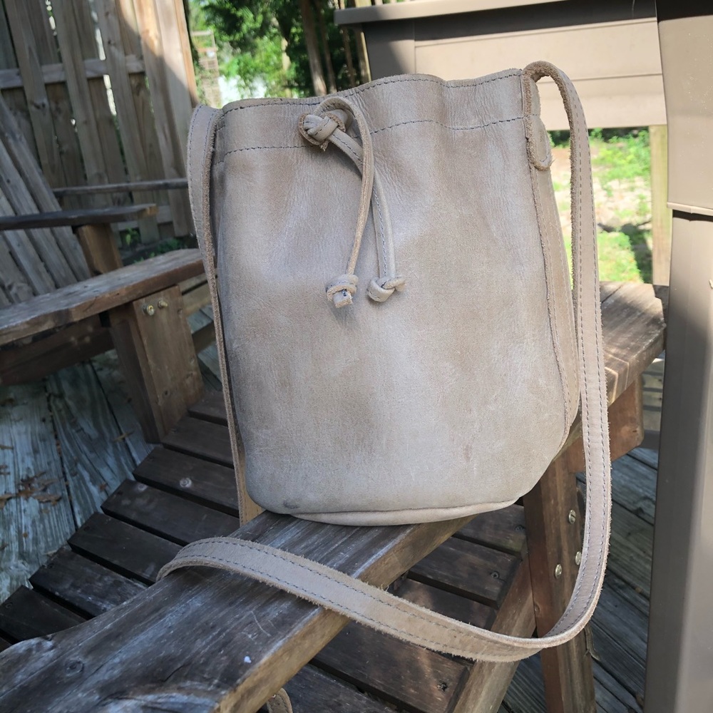 Small Gray Taupe Leather Bucket Bag